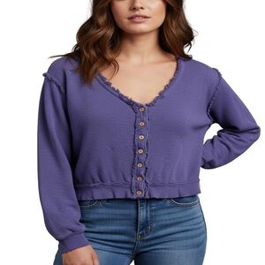We The Free knit top in vibrant purple with green accent